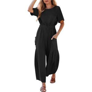 Women's Linen Jumpsuit –  Casual Loose Fit, Short Sleeve, Wide  Leg One-Piece